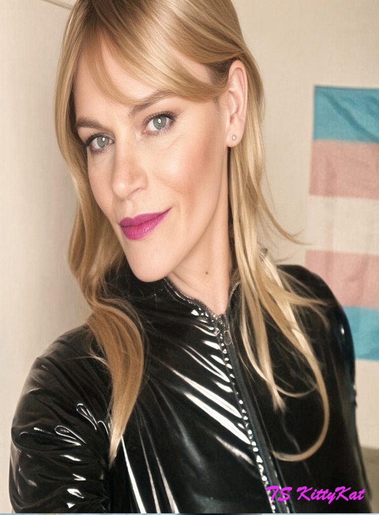blonde shemale TS kittykat in PVC catsuit